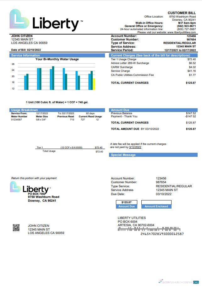 download USA California Liberty Utilities utility bill template in Word and PDF format PDF template